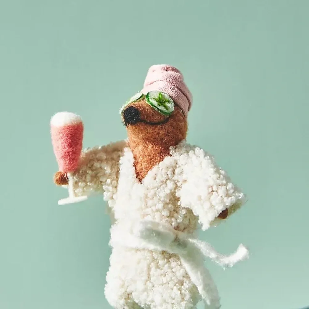 Anthropologie Pampered Pet Ornament New Plush Dog in Spa Robe with Drink